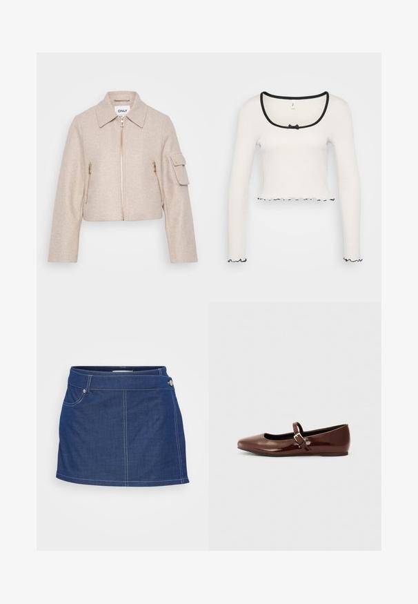 Chaqueta recortada beige con cuello, cierre frontal de cremallera y dos bolsillos con cremallera. La tela tiene una textura suave; presenta acentos de hardware dorado.; Top corto de manga larga blanco con un amplio escote redondeado ribeteado en negro, un detalle de lazo en el centro y borde negro con volantes en los puños y en el dobladillo.; Falda de mezclilla en azul oscuro con costuras blancas, que presenta un bolsillo delantero y detalles de botón de metal en la cintura. Forma clásica en A.; Bailarina de charol marrón con punta cuadrada y tira que presenta una pequeña hebilla dorada. Textura suave, tacón bajo y diseño minimalista.