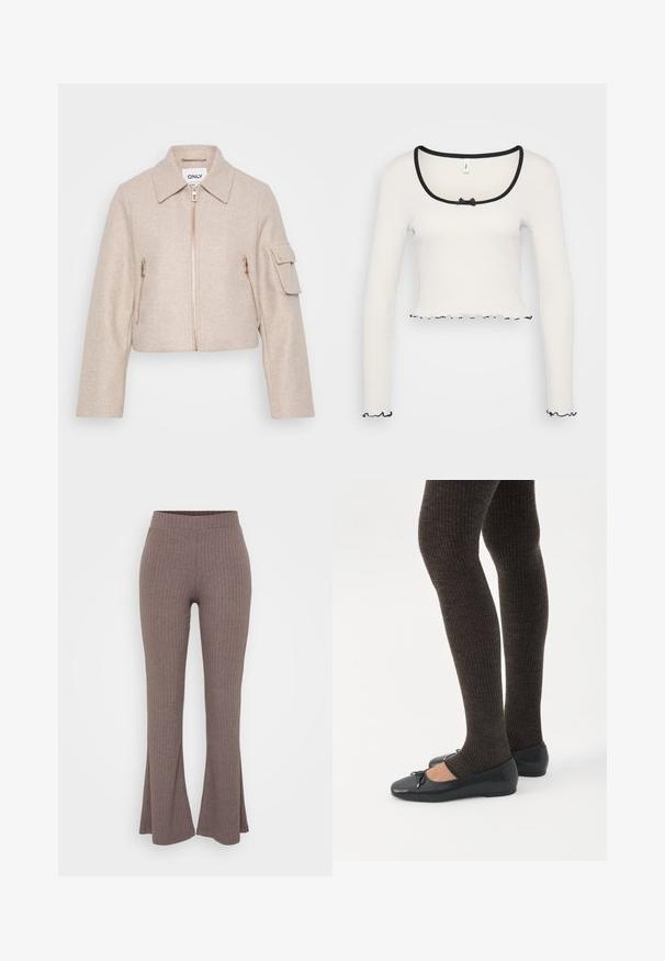 Chaqueta recortada beige con cuello, cierre frontal de cremallera y dos bolsillos con cremallera. La tela tiene una textura suave; presenta acentos de hardware dorado.; Top corto de manga larga blanco con un amplio escote redondeado ribeteado en negro, un detalle de lazo en el centro y borde negro con volantes en los puños y en el dobladillo.; Pantalones acampanados de canalé marrones con una cinturilla alta y elástica, y una textura suave, que presentan un sutil patrón vertical en toda su superficie.; Piernas con leggings oscuros acanalados combinados con bailarinas negras que presentan pequeños detalles de lazo sobre un fondo blanco.