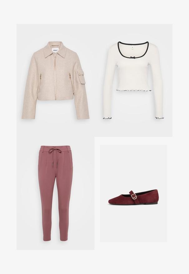 Beige, taillierte Jacke mit Kragen, vorderem Reißverschluss und zwei mit Reißverschluss versehenen Taschen. Der Stoff hat eine weiche Textur und verfügt über goldene Hardware-Akzente.; Weißes Langarm-Crop-Top mit weitem, schwarz eingefasstem Rundhalsausschnitt, einer mittigen Schleifendetail und gerüschtem schwarzen Saum an den Ärmeln und dem unteren Rand.; Rosenfarbene Hosen mit einem Zugbandbund, schmal zulaufenden Beinen und vorderen Falten. Hergestellt aus einem weichen, dehnbaren Material.; Flacher burgunderfarbener Wildleder-Mary-Jane-Schuh mit goldenem Schnallenriemen und schwarzer Sohle, von der Seite auf weißem Hintergrund gezeigt.