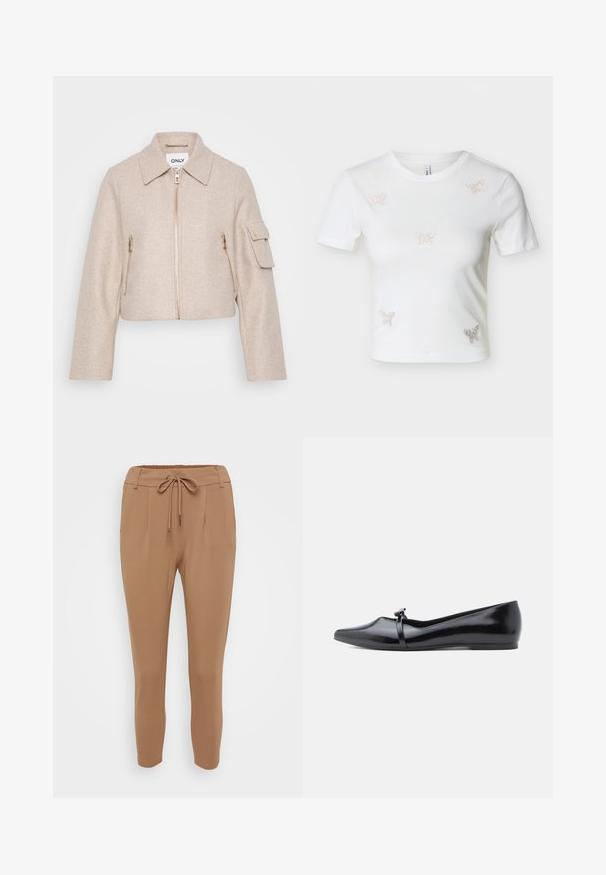 Chaqueta recortada beige con cuello, cierre frontal de cremallera y dos bolsillos con cremallera. La tela tiene una textura suave; presenta acentos de hardware dorado.; Camiseta blanca corta de manga corta con cinco pequeños adornos de mariposas de pedrería en el frente.; Pantalones de color marrón claro, ajustados en la parte inferior y fabricados con una tela suave, que cuentan con una cinturilla con cordón, pliegues delanteros y puños elásticos en los tobillos.; Bailarina de charol negro con punta afilada, correa decorativa y textura lisa. Diseño minimalista sin adornos visibles.