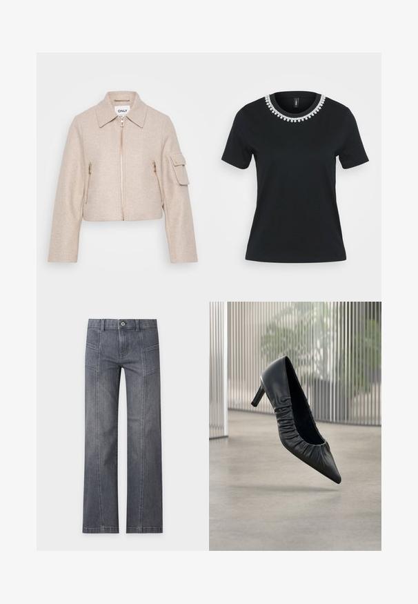 Veste cropped beige avec un col, fermeture éclair sur le devant et deux poches zippées. Le tissu a une texture douce et présente des accents en métal doré.; T-shirt en coton noir avec manches courtes et décolleté rond. Présente un design décoratif en perles au niveau du col, la surface est lisse.; Jean droit gris en denim avec détails sur la couture avant, passants de ceinture et fermeture par bouton sur un fond clair uni.; Escarpin en cuir noir à talon haut avec bout pointu et texture froncée sur la tige. Finition lisse ; hauteur de talon modérée.
