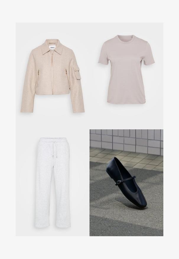 Beige cropped jack met een kraag, voorkant met ritssluiting en twee ritssluitingzakken. De stof heeft een zachte textuur en heeft gouden hardware-accenten.; Lichtbeige T-shirt met korte mouwen van katoen, met een ronde halslijn en een losse pasvorm, met een gladde textuur en zonder zichtbare patronen.; Lichtgrijze katoenen trainingsbroeken met een elastische tailleband en een trekkoord, rechte pijpen, zonder zichtbare logo's of patronen.; Zwarte leren Mary Jane platte schoen met een klein gespje, geplaatst op een grijs asfaltoppervlak nabij een betegelde muur.