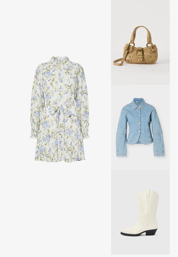 Veste en denim bleu clair à manches longues, boutons argentés sur le devant, et ourlet incurvé sur fond blanc.; Robe florale blanche avec des fleurs bleues et vertes, dotée d'un col, d'une fermeture à boutons sur le devant, de manches longues avec des poignets élastiques et d'une ceinture à la taille.; Botte blanche de style western mi-mollet avec bout pointu, talon empilé noir, coutures décoratives et languette de tirage sur la tige.; Sac à main en cuir beige avec double poignées, boucle en laiton et détails rivetés, ainsi qu'une bandoulière réglable sur fond blanc.