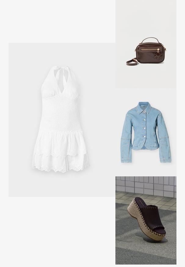 Lyseblå denimjakke med lange ærmer, sølvfarvede knapper foran og buede kantdetaljer på hvid baggrund.; Hvid halterneck-kjole med en smocket bodice og lagdelt nederdel. Har en scalloped kant og øjelet detaljer nederst. Blød bomuldsstruktur.; Sort slip-on platformsandal med flettet rebssål og metalnitter på flisebelagt gulv.; Mørkebrun rektangulær læder skuldertaske med top-håndtag, lynlåslomme foran og blomsterformet lædervedhæng på lynlåstrækkeren.