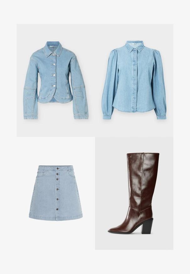 Lichtblauwe spijkerjasje met lange mouwen, zilveren knopen aan de voorkant en gebogen zoomdetails op een witte achtergrond.; Lichtblauw denim overhemd met een puntige kraag, knoopsluiting aan de voorkant en lange pofmouwen. Gladde textuur met een afgeronde zoom.; Denim rok in lichtblauw met witte strepen. Voorzien van een knoopsluiting aan de voorkant, twee zijzakken en een zwierige zoom.; Hoge donkerbruine leren laars met een spitse neus en een gestapelde blokhak, vanuit de zijkant weergegeven op een effen achtergrond.