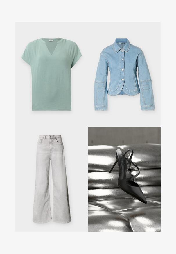 Lichtblauwe spijkerjasje met lange mouwen, zilveren knopen aan de voorkant en gebogen zoomdetails op een witte achtergrond.; Muntgroene blouse met korte mouwen, een V-hals en een gestructureerde afwerking. Zacht stof met een losse pasvorm en subtiele drapering.; Lichtgrijze jeans met wijde pijpen van denim, voorzien van een hoge taille, steekzakken aan de voorkant en een knoopsluiting. Glad oppervlak met een subtiele vervaagde uitstraling.; Zwarte spitse pumps met stilettohak en gekruiste banden, rustend op een glanzend zilveren, gestoffeerd leren oppervlak.