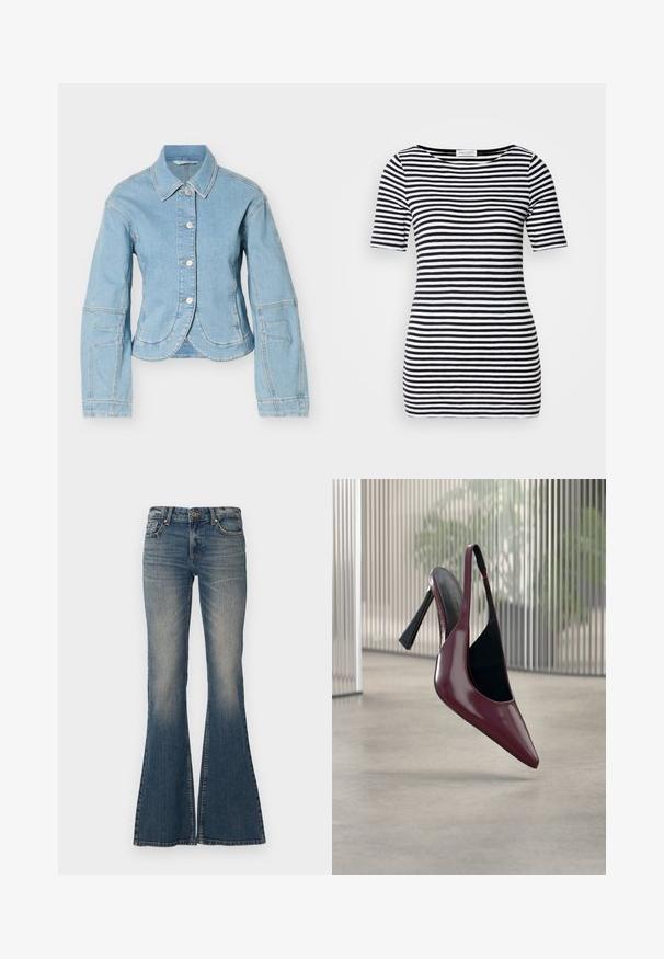 Veste en denim bleu clair à manches longues, boutons argentés sur le devant, et ourlet incurvé sur fond blanc.; Haut à manches courtes noir et blanc à rayures, avec un col bateau, une silhouette ajustée et une texture de tissu douce et lisse.; Jean bleus évasés en denim, avec une fermeture à bouton, un design à cinq poches et une finition délavée, dotés d'une large ouverture de jambe.; Escarpin slingback rouge foncé brillant à talon haut, bout pointu et doublure intérieure noire, flottant au-dessus d'un sol en béton lisse à l'intérieur.