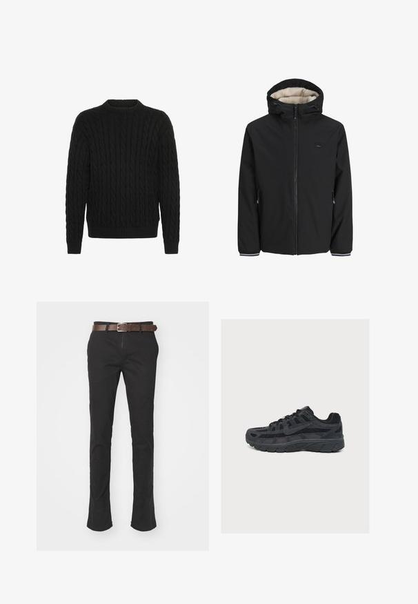 Chaqueta negra aislante con un forro de crema esponjoso, capucha ajustable, cremallera frontal y bolsillos laterales. Presenta puños elásticos con acentos a rayas.; Solid SDMALCOLM - Jersey de punto - true black; Pantalones de algodón negros con un diseño de pierna recta, que cuentan con un cinturón de cuero marrón y detalles de costura visibles.; Zapatilla de running negra Nike con parte superior estratificada de malla y ante, suela detallada y visible logo Nike en el lateral.