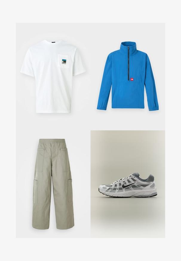 Chaqueta tipo pulóver azul con cuello alto, cremallera hasta la mitad y puños elásticos. Cuenta con un bolsillo frontal y un parche con el logo en rojo. Tela ligera.; Camiseta de algodón blanca de manga corta, que presenta un bolsillo en el pecho con un gráfico a color de montañas y el texto "THE NORTH FACE."; Pantalones cargo holgados de color verde oliva con una cinturilla elástica, múltiples bolsillos y una textura suave. Ancho colapsable en el dobladillo.; Zapatilla Nike P-6000 blanca y gris con swoosh negro, paneles de malla y suela texturizada, mostrada de perfil sobre un fondo neutro.
