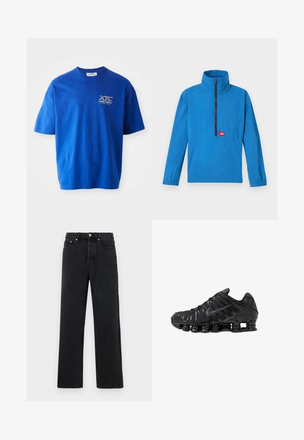 Blauwe pulloverjas met hoge kraag, halve rits en elastische manchetten. Heeft een voorzak en een rood logoplaatje. Lichtgewicht stof.; Blauwe katoenen T-shirt met korte mouwen, voorzien van een grijs logo op de bovenste linkerborst, ronde hals en een relaxte fit.; Zwarte denim jeans met rechte pijpen en een hoge taille, voorzien van vijf zakken en sluiting met metalen knoop. De stof heeft een gladde textuur en een lichte glans.; Zwarte sportschoenen gemaakt van mesh en synthetische materialen, met een opvallend golvend ontwerp, zwarte rubberen zool en reflecterende accenten.
