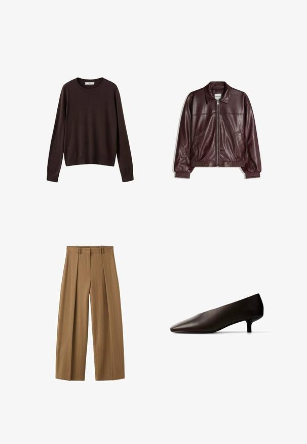 Veste en cuir bordeaux avec fermeture éclair à l'avant, col classique, poignets élastiques et poches latérales. Caractérisée par une texture lisse et une coupe décontractée.; Pull en tricot marron, col rond, manches longues, poignets et ourlet côtelés, texture lisse, design simple, polyvalent pour superposition.; Pantalon marron taille haute à jambes larges avec fines rayures, plis sur le devant, passants pour ceinture et fermeture éclair dissimulée sur le devant.; Escarpin en cuir marron foncé à talon bas, bout pointu et talon kitten fin, sur fond blanc.