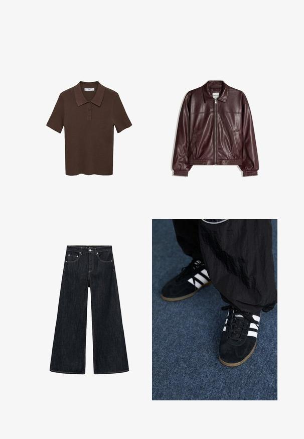 Bordeauxrød læderjakke med lynlåslukning foran, klassisk krave, elastiske manchetter og sidelommer. Har en glat tekstur og afslappet pasform.; Brun T-shirt polo med korte ærmer lavet af ribbet materiale med krave og tre-knaps lukning. Har en ensfarvet design og en afslappet pasform.; Bredde jeans i mørk denim med høj talje, der har to forlommer, en knaplukning og kontrastsyning.; Sorte suedetrainingssko med tre hvide striber og sorte snørebånd. Et tekstureret sort bukser er delvist synligt ved siden af skoene.