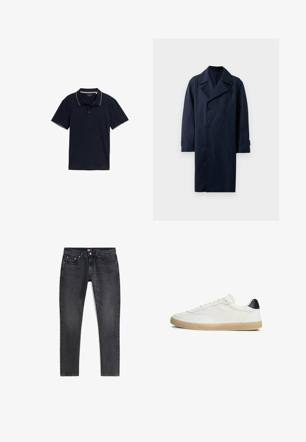 Abrigo de trench navy con diseño de doble botonadura, amplios solapas, cinco botones y mangas largas. Hecho de tela suave y duradera.; Polo de color azul marino hecho de algodón, con un cuello clásico, tapeta de tres botones y un contraste de ribete gris claro en el cuello y las mangas.; Vaqueros negros de corte slim con cinco bolsillos, cierre de botón y cremallera, ligera decoloración en los muslos y un pequeño logotipo de la marca en la cintura.; Zapatilla blanca de corte bajo con suela beige, lengüeta negra en el talón, perforaciones laterales y cordones blancos, mostrada de perfil sobre un fondo blanco.