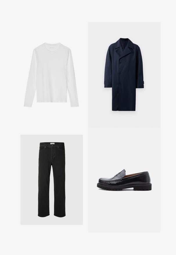 Mørkeblå trenchcoat med dobbeltbrettet design, brede kraver, fem knapper og lange ærmer. Fremstillet af glat, holdbart stof.; Langærmet hvid T-shirt lavet af blød bomuld, med rund halsudskæring og en glat tekstur uden synlige mønstre eller accenter.; Sorte denim straight-leg jeans har et klassisk fem-lomme design med knaplukning, minimal syning og en blød tekstur.; Sorte læder penny loafer med chunky gummisål og moc toe syninger, vist i profil på en hvid baggrund.