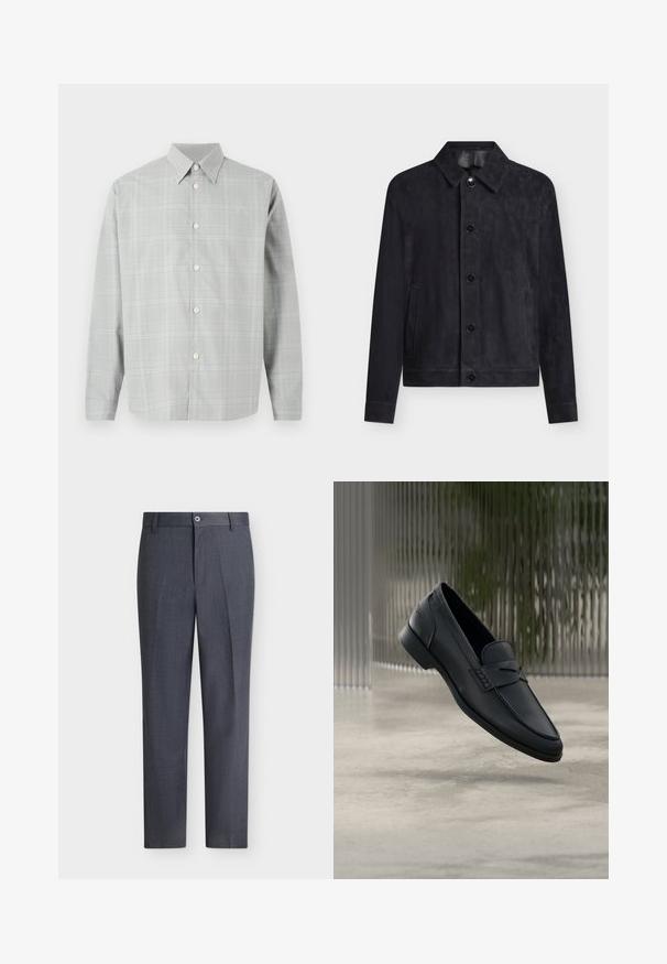 Sort ruskindjakke med klassisk krave, fem knapper foran og to sidelommer, vist på hvid baggrund.; Grå langærmet skjorte med et let ternet mønster, knap-Front design, spids krave og glat stoftekstur.; Mørkegrå skræddersyede bukser med knap- og lynlåslukning, bæltestropper og lige ben mod en hvid baggrund.; Sort læderloafer med glat finish, spids tå og sømdetaljer over vristen. Lav hæl og minimalistisk design.