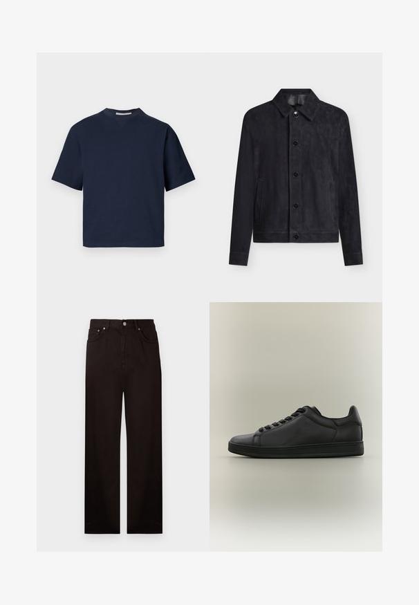 Schwarze Velourslederjacke mit klassischem Kragen, fünf Frontknöpfen und zwei Seitentaschen, dargestellt vor weißem Hintergrund.; Marineblaues Kurzarm-T-Shirt mit V-Ausschnitt, aus weichem Material, mit lockerer Passform und minimalistischem Design, ohne sichtbare Muster oder Beschläge.; Schwarze, hoch taillierte, gerade geschnittene Jeans mit vorderer Knopf- und Reißverschluss, Gürtelschlaufen und Fünf-Taschen-Design auf einfarbigem Hintergrund.; Schwarzer niedriger Sneaker aus Leder mit Schnürsenkeln, strukturiertem Seitenpanel und flacher Gummisohle, fotografiert vor einem schlichten hellgrauen Hintergrund.