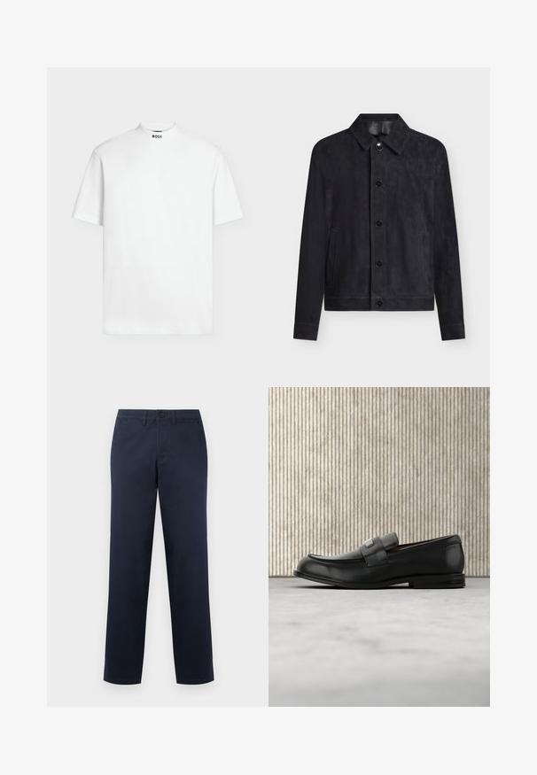 Veste en daim noire avec un col classique, cinq boutons devant et deux poches latérales, affichée sur fond blanc.; T-shirt blanc uni à manches courtes avec un col rond montant et « BOSS » imprimé en noir au centre du devant du col.; Pantalon droit bleu marine pour homme avec passants de ceinture, bouton sur le devant et poches latérales, présenté sur un fond clair uni.; Mocassin en cuir noir avec une plaque de marque en métal reposant près d'une table ronde marron sur un sol recouvert de moquette beige.