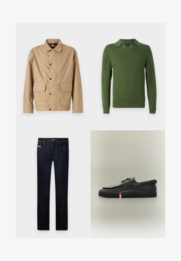 Beige Jacke aus strapazierfähigem Material mit Knopfverschluss, zwei Vordertaschen und Stehkragen mit Logodetail am Ärmel.; Grüner gestrickter Pullover mit V-Ausschnitt und Kragen, versehen mit einem kleinen Logo auf der Brust, strukturiertem Muster sowie gerippten Bündchen und Saum.; Dunkelblaue Jeans aus Denim mit gerader Passform, die fünf Taschen, kontrastierende Nähte und einen Metallknopfverschluss aufweisen.; Schwarzer Leder-Bootsschuh mit Schnürdetails, flacher Gummisohle und kleinem rot-weiß-blauem Tommy Jeans-Logo an der Seite.