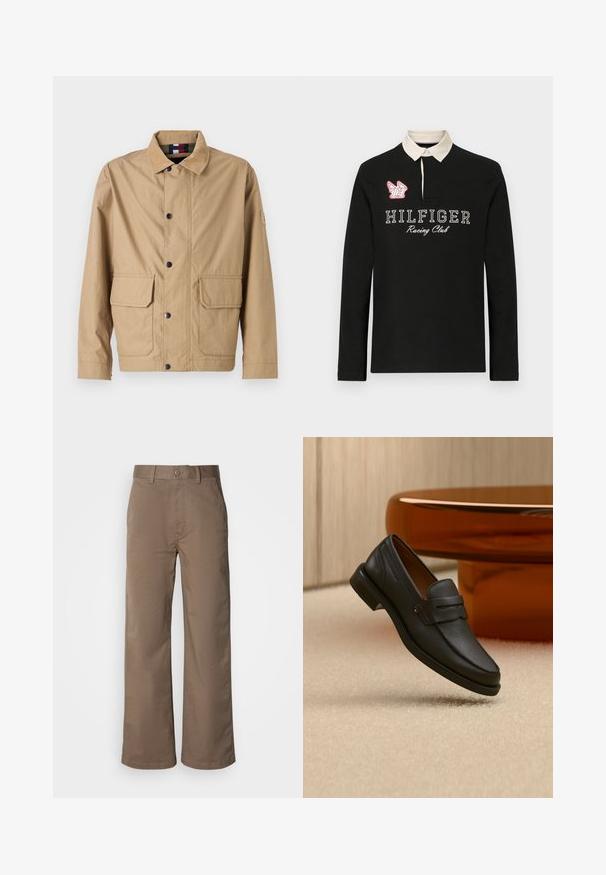 Chaqueta marrón hecha de tela duradera, con cierre de botón, dos bolsillos frontales y cuello alzado con detalle de logo en la manga.; Camisa de polo negra de manga larga con un cuello beige, que presenta "HILFIGER Racing Club" en letras blancas y un detalle del logotipo bordado en rojo.; Pantalones de pierna ancha color beige, fabricados en una suave mezcla de algodón, con cierre de botón, trabillas para cinturón y sin patrones visibles. Textura suave.; Mocasín de hombre de cuero negro con una banda en la parte superior, exhibido sobre una alfombra beige cerca de una mesa circular moderna marrón.