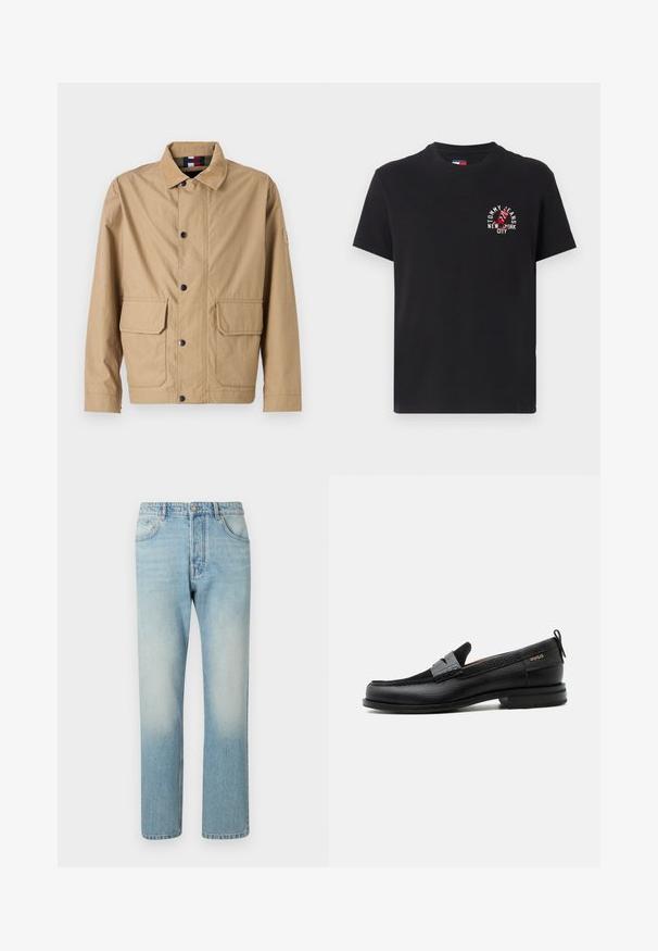 Veste beige en tissu durable, avec une fermeture par boutons, deux poches avant et un col montant avec un détail de logo sur la manche.; T-shirt noir en coton à manches courtes, col rond, avec un imprimé graphique rouge et blanc qui dit "TOMMY JEANS NEW YORK CITY."; Jeans bleu clair fabriqués en denim, présentant un design à jambe droite, une structure à cinq poches et un effet délavé au niveau des cuisses.; Mocassin en cuir noir avec détail de bride grise, talon bas et semelle texturée, marqué "HUGO" en or sur le côté.