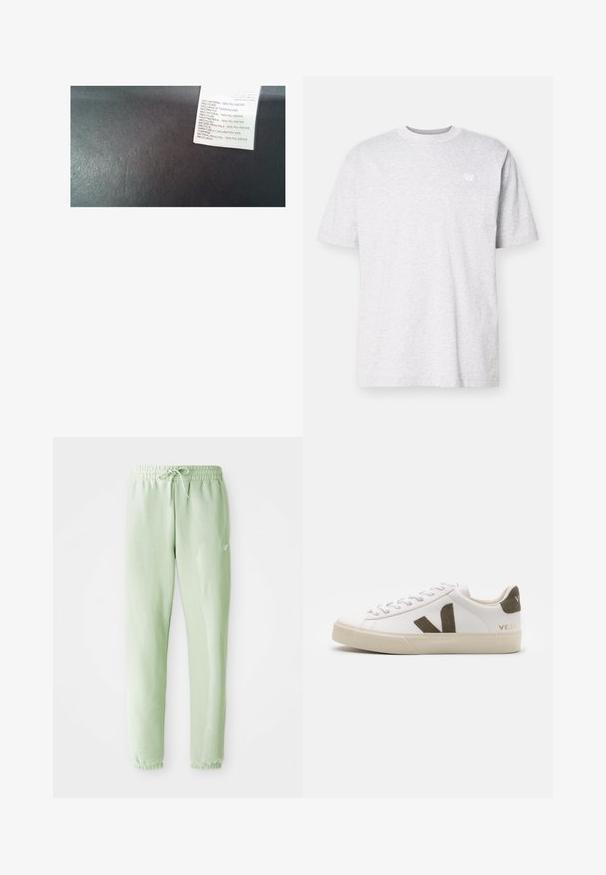Etikette mit Pflegehinweisen und Materialien; weißes Papier mit schwarzem Text, das 100 % recyceltes Polyester als Hauptmaterial angibt. Schwarzer Hintergrund.; Helles graues Baumwoll-T-Shirt mit kurzen Ärmeln, rundem Ausschnitt und einem kleinen weißen Logo auf der linken Brust. Weicher Griff, lässige Passform.; Helle grüne Jogginghosen aus weichem Baumwollstoff, mit einem elastischen Bund und Kordelzug, schmal zulaufenden Beinen und gerüschten Bündchen.; Weiße Leder-Sneaker mit einer hellbeigen Gummisohle. Mit braunem Wildleder-V-Logo und Fersenlasche. Schnürverschluss mit texturierter Oberfläche.