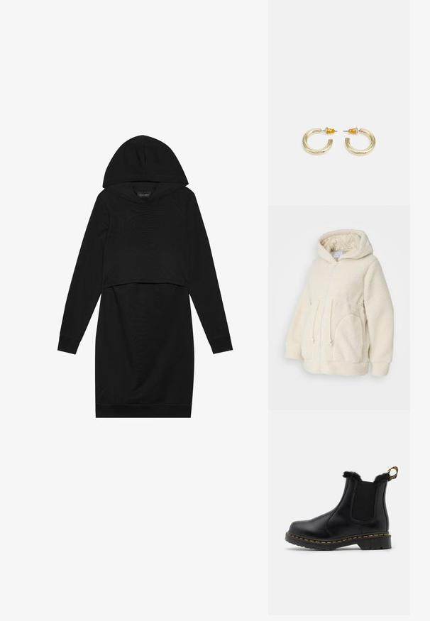 MAMALICIOUS MLRACHEL 3IN1 JACKET - Flísová bunda - birch; Čierna pulóvrová šaty s kapucňou, dlhými rukávmi a skráteným strihom. Vyrobené z mäkkej tkaniny s hladkou textúrou a rebrovanými manžetami.; Čierne kožené členkové topánky s textúrovanými elastickými bočnými panelmi, kožušinovým lemovaním na vrchu, žltým prešívaním a pevným gumovým podošvou.; Zlaté kruhové náušnice s hladkým, zaobleným tvarom a lesklým povrchom. Majú oranžové akcenty na zadnej strane pre bezpečné zapínanie.