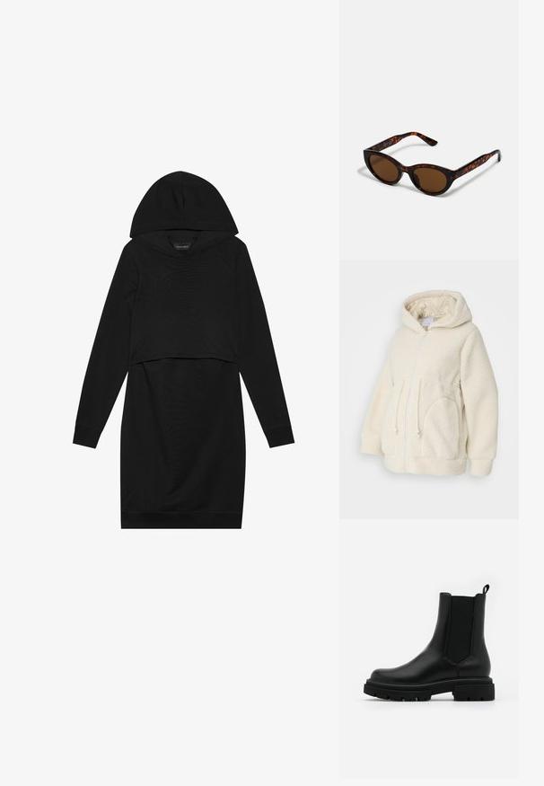 MAMALICIOUS MLRACHEL 3IN1 JACKET - Veste polaire - birch; Robe pull noire avec capuche, manches longues et design cropped. Fabriquée en tissu doux avec une texture lisse et des poignets côtelés.; Des bottes Chelsea noires en cuir présentent une surface lisse, des panneaux latéraux élastiques, une languette et une semelle en caoutchouc épaisse avec un motif texturé.; Lunettes de soleil en écaille de tortue marron avec une forme vintage de lunettes cat-eye et des verres marron. Présente des branches courbées avec des accents rouges.