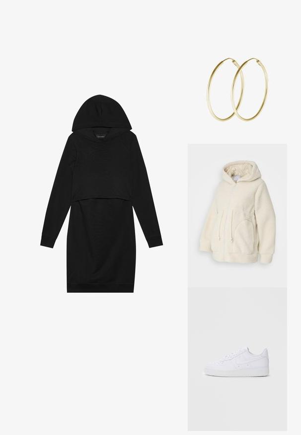 MAMALICIOUS MLRACHEL 3IN1 JACKET - Flísová bunda - birch; Čierna pulóvrová šaty s kapucňou, dlhými rukávmi a skráteným strihom. Vyrobené z mäkkej tkaniny s hladkou textúrou a rebrovanými manžetami.; Biele tenisky Nike Air Force 1 s koženým zvrškom, okrúlou špičkou, šnurovaním, polstrovaným golierom a textúrovanou gumovou podrážkou.; Zlaté kruhové náušnice s hladkým, zaobleným dizajnom a lesklým povrchom. Ľahká konštrukcia s bezpečným zapínaním.