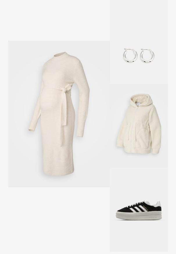 MAMALICIOUS MLRACHEL 3IN1 JACKET - Fleecetakki - birch; Valkoinen, ribattu neulematerniteettimekko, jossa on pitkät hihat, pyöreä pääntie ja sidottava vyötäröyksityiskohta. Sileä pinta, vartalonmyötäinen muotoilu.; Musta samettinen lenkkari valkoisilla nahkaosilla, kolme valkoista raitaa, tasaiset nauhat ja paksu harmaa alustapohja. Kultainen "Gazelle" -brändäys.; Hopeaparin suorat korvakorut kiiltävällä pinnalla, jotka ovat pyöreän muotoisia ja joissa on saranakiinnitys. Pehmeä pinta ja vähäinen yksityiskohtaisuus.