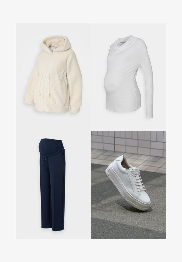 MAMALICIOUS MLRACHEL 3IN1 JACKET - Fleecejacke - birch; Weißes Langarm-Muttertop mit einem schrägen Ausschnitt, aus weichem, dehnbarem Stoff; figurbetontes Design hebt den Babybauch hervor.; Marineblaue Umstandshose aus weichem Stoff, mit elastischem Bund und verstellbarem Kordelzug, sowie zwei seitlichen Taschen für mehr Komfort.; Weiße Leder-Sneaker mit einem Low-Top-Design, flachen Schnürsenkeln, runder Zehenform und strukturierten Seiten. Dicke Gummisohle mit dezenten Akzenten.