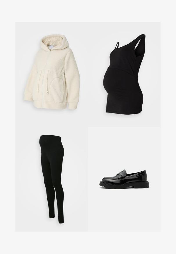 MAMALICIOUS MLRACHEL 3IN1 JACKET - Veste polaire - birch; Débardeur de maternité noir avec un décolleté arrondi et sans manches, présentant une silhouette ajustée qui s'adapte à un ventre en croissance.; Leggings de maternité noirs avec une taille haute et un soutien optimal, texture lisse, design ajusté, sans motifs ni embellissements visibles.; Mocassin noir en cuir brillant avec une semelle épaisse et une bride décorative sur le dessus, sur un fond uni gris clair.
