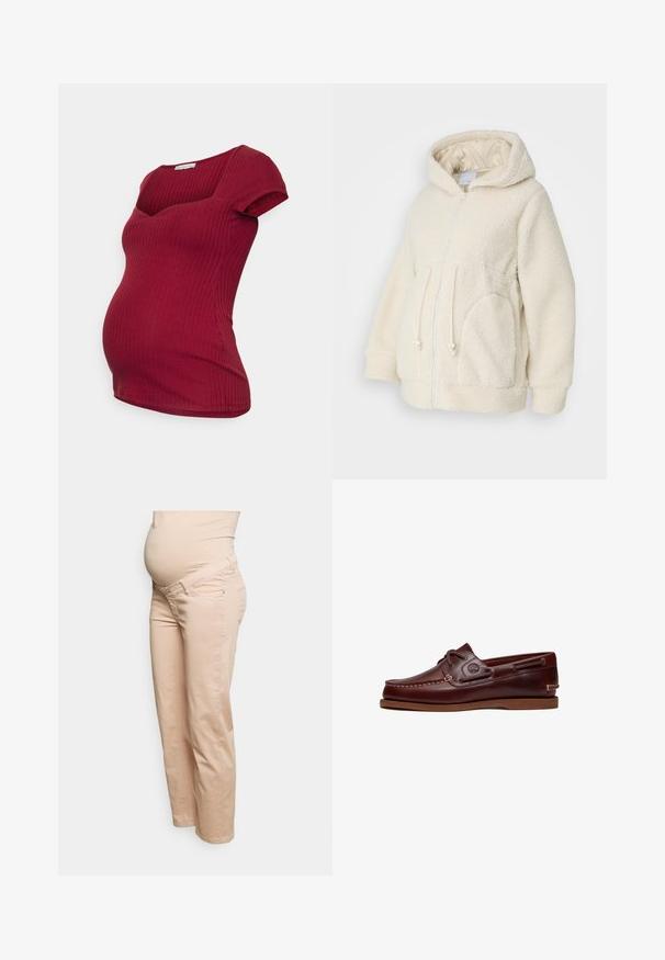MAMALICIOUS MLRACHEL 3IN1 JACKET - Φλις μπουφάν - birch; Anna Field MAMA by Zalando Βασικό μπλουζάκι - dark red; Esprit Maternity PANTS DENIM OVER THE BELLY STRAIGHT 7/8 - Straight leg jeans - blush; Καφέ δερμάτινο παπούτσι σκάφους με κορδόνια, λεπτομέρειες ραφής και λογότυπο Timberland στο πλάι, εμφανίζεται σε λευκό φόντο.