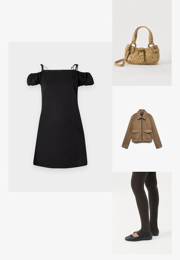 Braune Jacke aus Wollmischung mit Reißverschluss, spitzem Kragen und zwei großen Vorder taschen. Verkürztes Design mit glatter Textur.; Schwarzes schulterfreies Kleid mit Puffärmeln, aus einem glatten Stoff gefertigt. Verfügt über verstellbare Träger und einen entspannten Schnitt mit geradem Saum.; Beine in dunklen, gerippten Leggings kombiniert mit schwarzen Ballerinas mit kleinen Schleifendetails auf weißem Hintergrund.; Beige Lederhandtasche mit doppelten Griffen, Messingschnalle und Nieten, sowie verstellbarem Schultergurt vor weißem Hintergrund.