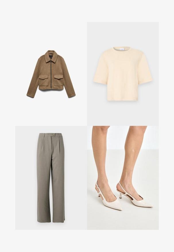 Brun jakke i uldblanding med lynlåslukning, spids krave og to store forlommer. Krydret design med glat tekstur.; Beige bomuld t-shirt med korte ærmer, rund halsudskæring og en afslappet pasform. Glat tekstur uden mønstre eller ekstra detaljer.; Lys grå bredbenede bukser med en glat tekstur, der har frontfold, en knaplukning og to sidelommer.; Beige patenterede læder slingback hæle med spids tå og 5 cm hæl, med udskårne sider og en tynd ankelrem.