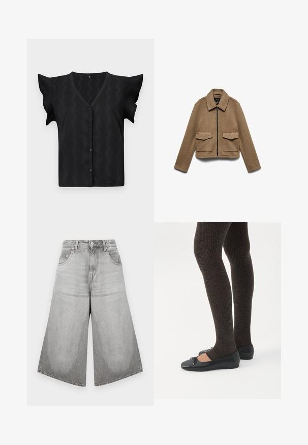 Bruine jas van een wolmix met ritssluiting, puntkraag en twee grote voorzakken. Verkort model met een gladde textuur.; Zwarte blouse met korte mouwen en een V-hals, voorzien van een textuur met zigzagpatroon en een knoopsluiting aan de voorkant. Zacht, lichtgewicht materiaal.; Grijze denim korte broek met een hoge taille, voorzien van een knoop- en ritssluiting, riemlussen, twee voorzakken en een vervaagde afwerking.; Benen met donkere geribbelde leggings gecombineerd met zwarte ballerina's met kleine strikdetails op een witte achtergrond.