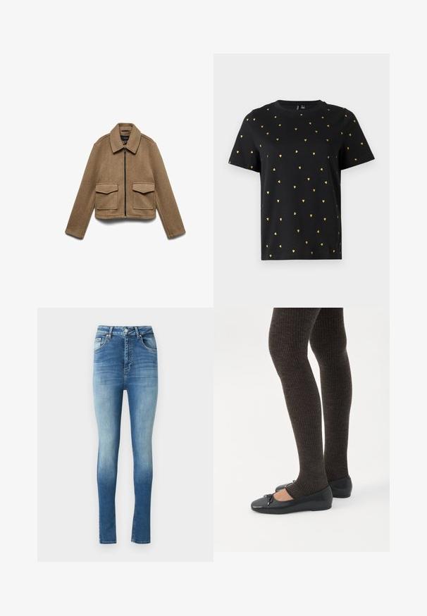 Veste marron en mélange de laine avec fermeture zippée, col pointu et deux grandes poches avant. Design court avec une texture lisse.; T-shirt noir à manches courtes en coton, arborant de petits motifs en forme de cœur doré répartis uniformément sur le tissu. Col rond.; Jeans skinny taille haute en denim bleu délavé avec un dégradé subtil. Caractéristiques d'un design classique à cinq poches et fermeture à bouton.; Jambes portant des leggings côtelés foncés associés à des ballerines noires avec de petits détails en nœud sur fond blanc.