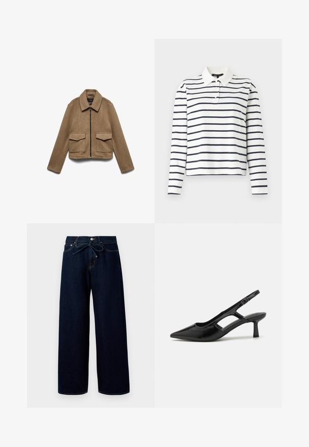 Veste marron en mélange de laine avec fermeture zippée, col pointu et deux grandes poches avant. Design court avec une texture lisse.; Polo à manches longues en blanc avec des rayures horizontales bleu marine, doté d'un col et d'une patte de boutonnage à trois boutons. Matière en coton.; Jean large bleu foncé en denim, doté d'une fermeture à bouton à l'avant et d'une taille à cordon, avec des détails de couture contrastants.; Escarpins noirs à talon ouvert avec un embout pointu, fabriqués en matériau brillant, présentant des accents découpés et un talon modéré pour un bon soutien.