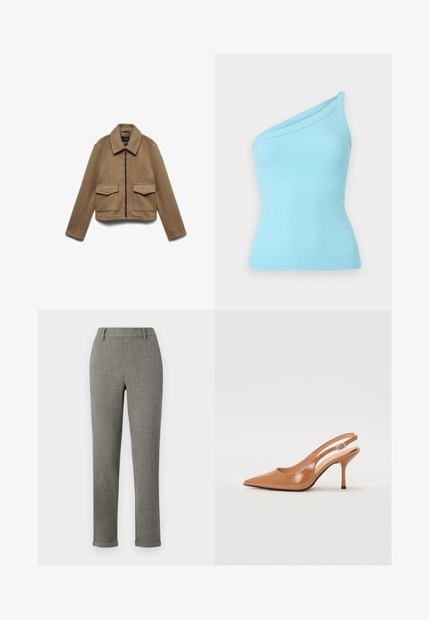 Brun jakke i uldblanding med lynlåslukning, spids krave og to store forlommer. Krydret design med glat tekstur.; Lyseblå ribbet tanktop med én skulder og en glat tekstur. Den elastiske stof sikrer en tætsiddende silhuet.; Grå skræddersyede slim-fit bukser med bæltestropper og opsmøgede kanter, velegnet til formelt eller kontorbrug.; Spids tå slingback hæl i et glat, blankt tan materiale. Har et buet udskæring design og en slank stiletto hæl. Sølv spænde detalje.