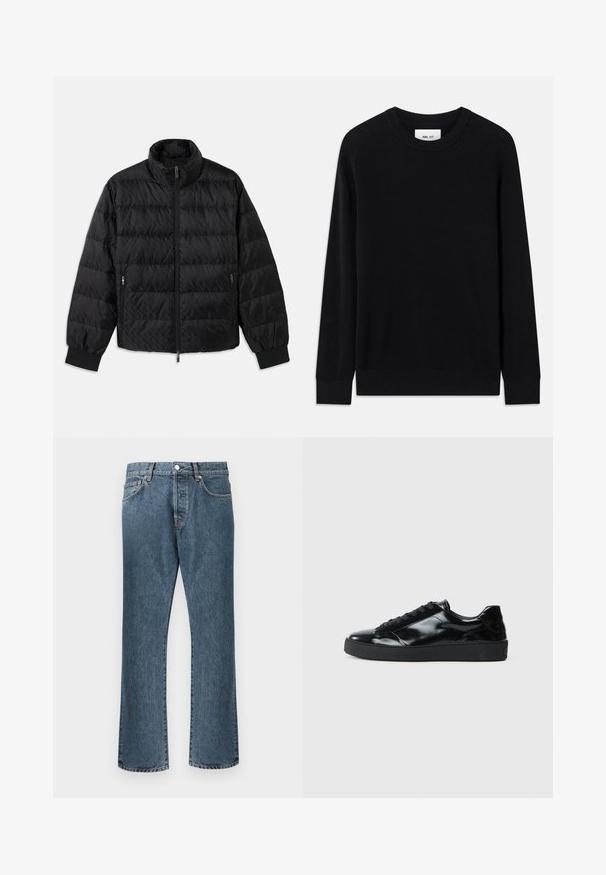 Schwarze, gesteppte, gepolsterte Jacke mit hohem Kragen, Frontreißverschluss, seitlichen Reißverschluss-Taschen und elastischen Bündchen auf einem weißen Hintergrund.; Schwarzer gerippter Pullover mit Rundhalsausschnitt, langen Ärmeln und gestrickter Textur. Verfügt über einen geraden Saum und ein dezentes Markenlabel innen.; Blaue Denim-Jeans mit geradem Bein, ausgestattet mit einem klassischen Knopf- und Reißverschluss, fünf Taschen und dezenten Ausbleichungen.; Schwarze Lackledersneaker mit runder Zehenform, Schnürdesign, strukturiertem Gummisohle und glatter Oberfläche.
