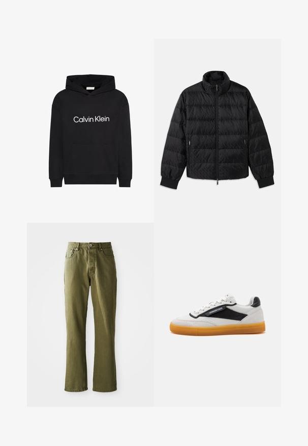 Zwarte gewatteerde jas met hoge kraag, voorrits, ritszakken aan de zijkanten en elastische manchetten op een witte achtergrond.; Zwarte hoodie met voorzak en wit "Calvin Klein"-logo gecentreerd op de borst, met capuchon met trekkoord en lange mouwen.; Olijfgroene jeans met een rechte pijpenontwerp, twee bovenste zakken, een enkele achterzak en een sluiting met een knoop aan de voorkant. Zichtbare stikdetails.; Witte leren sneakers met zwarte accenten, suède details en een transparante oranje zool. Heeft een gestikt ontwerp en een vetersluiting.