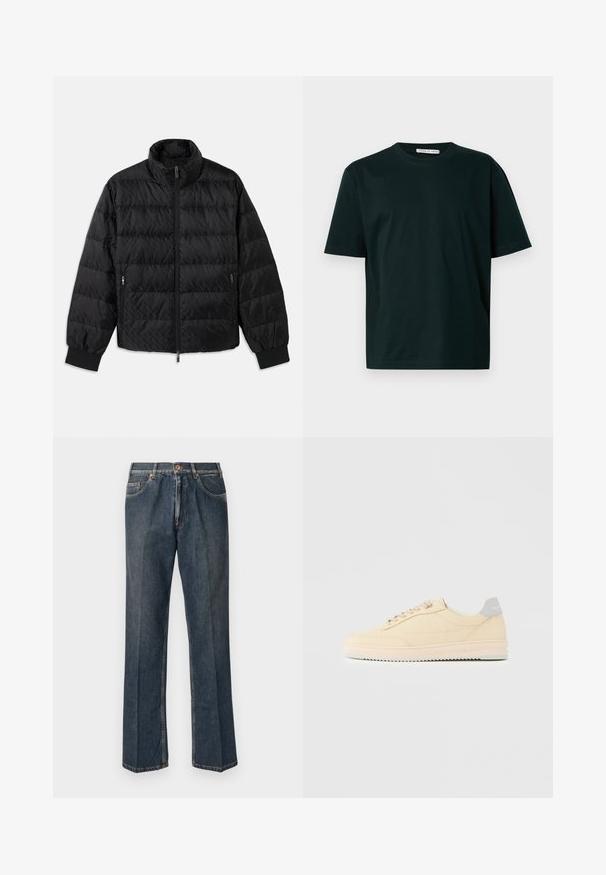 Sort quilted, polstret jakke med høj krave, frontal lynlås, lynlåslommer i siderne og elastiske manchetter på en hvid baggrund.; Sort bomulds t-shirt med korte ærmer og rund hals, der har en afslappet pasform og en glat tekstur. Ingen synlige mønstre eller hardware.; Mørkeblå lige ben denim jeans med frontknap, lynlås, dobbelte forlommer og synlige lodrette folder ned langs benene.; Beige lavtop sneaker med snørelukning foran, lyserød sål og grå hællap med mærket "Filling Pieces", vist i profil på ensfarvet baggrund.