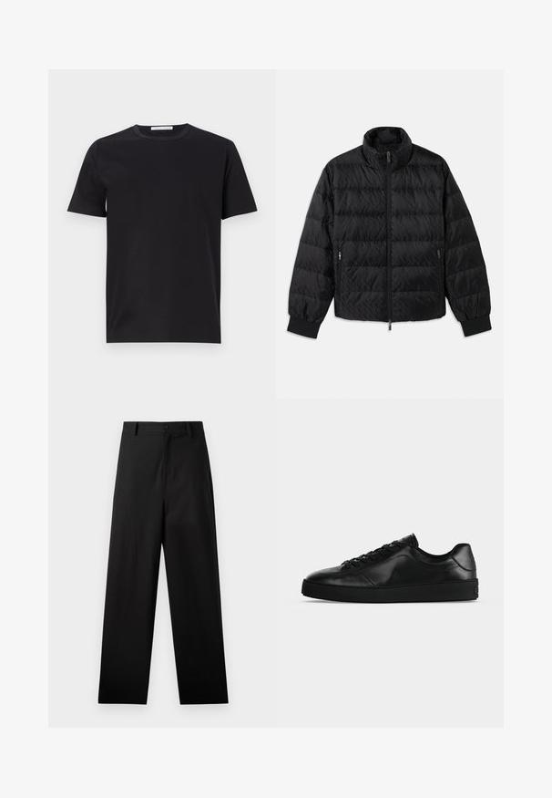 Schwarze, gesteppte, gepolsterte Jacke mit hohem Kragen, Frontreißverschluss, seitlichen Reißverschluss-Taschen und elastischen Bündchen auf einem weißen Hintergrund.; Schwarzes Baumwoll-T-Shirt mit rundem Halsausschnitt, kurzen Ärmeln und glatter Textur. Verfügt über ein sichtbares Markenetikett am Halsausschnitt.; Schwarze Baumwollhosen mit geradem Bein, ausgestattet mit einem vorderen Knopfverschluss und Seiten Taschen. Glatte Textur, keine Muster.; Niedrig geschnittener schwarzer Ledersneaker mit Schnürung vorne und strukturierter flacher Sohle, seitlich auf neutralem Hintergrund gezeigt.