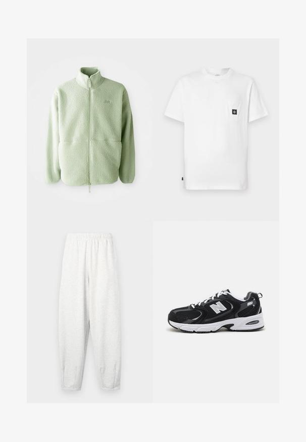 Hellgrünes Fleece-Jacke mit hohem Kragen, durchgehendem Reißverschluss und strukturiertem Material; verfügt über zwei Vordertaschen und ein kleines Logo.; Weißes Baumwoll-T-Shirt mit Rundhalsausschnitt, kurzen Ärmeln und einer Brusttasche mit schwarzem Logo-Patch. Glatte Textur, lockere Passform.; Hellgraue Sweatpants aus weichem Stoff, mit einem elastischen Bund, schmal zulaufenden Beinen und Fußbündchen. Einfaches Design ohne Muster.; Schwarze und graue Sportschuhe mit Obermaterial aus Mesh und Wildleder, ausgestattet mit einer weißen Zwischensohle, Schnürsenkeln und einem markanten "N"-Logo an der Seite.