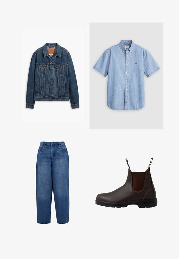 Blå denimjakke med klassisk design, der har brystlommer, metalknapper og kontrasterende syninger. Struktureret krave og kant.; Lyseblå denim kortærmet skjorte med knappestolpe og knapper foran, samt en lille logo på venstre bryst. Glat tekstur.; Højtaljede straight-leg jeans i mellemblå denim. Har fem-lomme design, metalknap lukning og dobbelt-stitchet kant.; Brun læder Chelsea-støvle med elastisk sidepanel, brun syning, trækstropper og en holdbar gummisål med et tekstureret mønster.