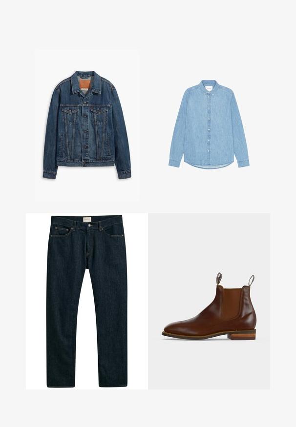 Blauwe spijkerjack met een klassiek ontwerp, voorzien van borstzakken, metalen knopen en contrasterende stiksels. Gestructureerde kraag en zoom.; Lichtblauw denim overhemd met knopen, lange mouwen, een puntige kraag en een afgeronde zoom. Voorzien van een knoopsluiting aan de voorkant en een klein logo detail.; Donkerblauwe denim jeans met een recht model, vijf zakken en contrasterende stiksels op de naden. Gladde stofstructuur.; Bruine leren Chelsea-boot met elastische zijpanelen, treklipjes aan voor- en achterkant en gestapelde houten hak.