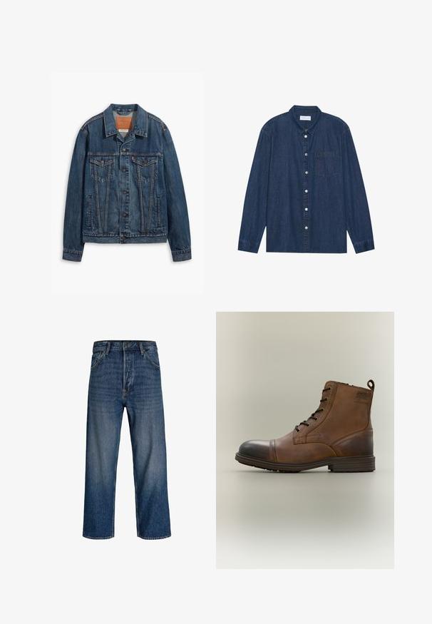 Blå denimjakke med klassisk design, der har brystlommer, metalknapper og kontrasterende syninger. Struktureret krave og kant.; Mørkeblå denimskjorte med lange ærmer, knaplukning foran, krave og en brystlomme. Har sølvfarvede knapdetaljer.; Denim jeans med lige ben-design, mørkeblå farve og subtil udvaskning. Har fem lommer og lukke med knap.; Brun læderstøvle med snørebånd, sort tåhætte, rund sål og mærket detalje på siden mod ensfarvet baggrund.