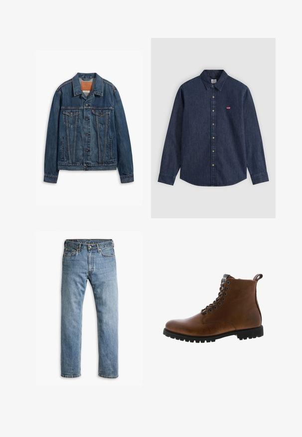 Blå denimjakke med klassisk design, der har brystlommer, metalknapper og kontrasterende syninger. Struktureret krave og kant.; Mørkeblå denim skjorte med lange ærmer, knapper for, spids krave og lille rødt Levi's-logo på venstre bryst.; Blå straight-leg denim jeans med fem lommer, bæltestropper og metalknaplukning på en hvid baggrund.; Brune læder ankelstøvler med tekstureret overflade, metaløjer og sort gummisål. Har en træktab bagpå for nem påtagning.