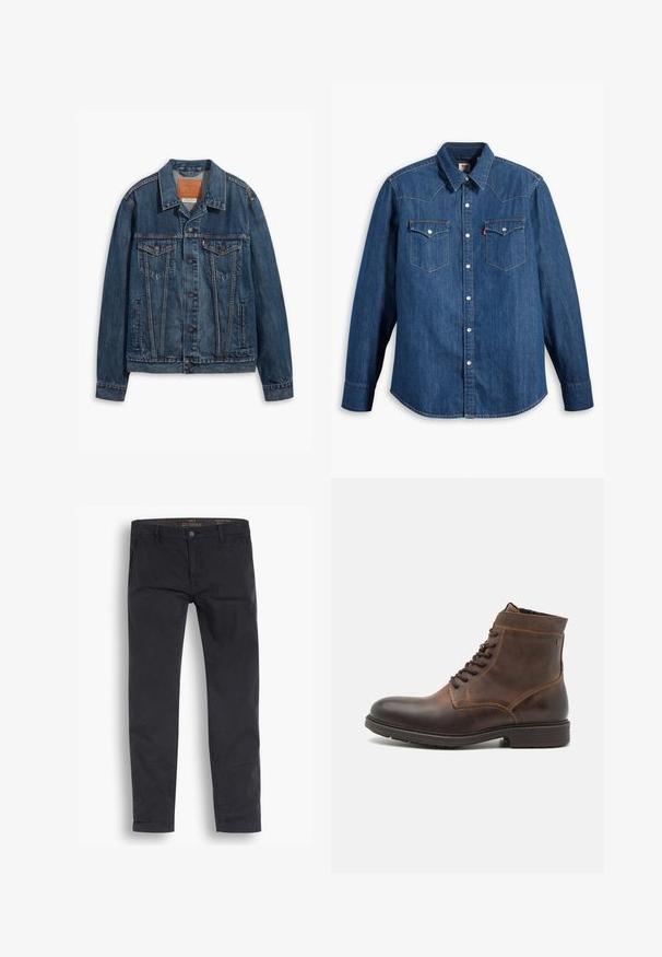 Chaqueta de denim azul con un diseño clásico, que presenta bolsillos en el pecho, botones de metal y costuras a contraste. Cuello y dobladillo estructurados.; Camisa de mezclilla en azul oscuro con mangas largas, cuello puntiagudo y botones a presión. Cuenta con dos bolsillos en el pecho con solapas y costuras en contraste.; Pantalones chinos negros de algodón. Presentan un diseño de pernera estándar, bolsillos frontales y un cierre de botón con una textura suave.; Jack & Jones JFWDELANEY BOOT - Botines con cordones - cognac