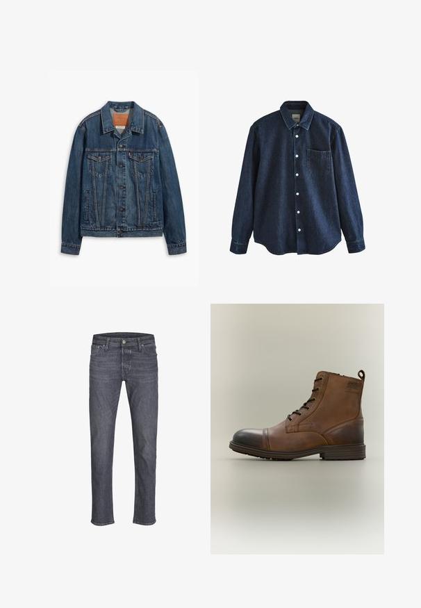 Blå denimjakke med klassisk design, der har brystlommer, metalknapper og kontrasterende syninger. Struktureret krave og kant.; Mørkeblå denim skjorte med lange ærmer, knapper foran, krave og en enkelt brystlomme, vist mod hvid baggrund.; Mørkegrå denimjeans med lige ben, knap- og lynlåslukning, for- og baglommer samt bæltestropper.; Brun læderstøvle med snørebånd, sort tåhætte, rund sål og mærket detalje på siden mod ensfarvet baggrund.