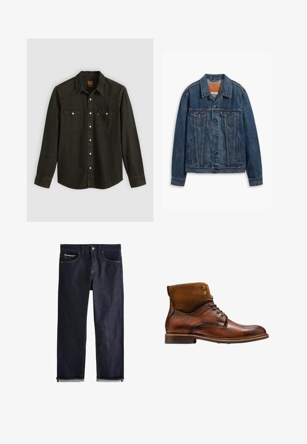 Blå denimjakke med klassisk design, der har brystlommer, metalknapper og kontrasterende syninger. Struktureret krave og kant.; Langærmet sort denimskjorte med spids krave, to brystlommer, sølvknapper og gule syninger. Klassisk western-design.; Mørkeblå denimjeans med opsmøgede manchetter, knap- og lynlåslukning, for- og møntlommer samt kontrastsyning på hvid baggrund.; Kazar ALID - Snørestøvletter - brown